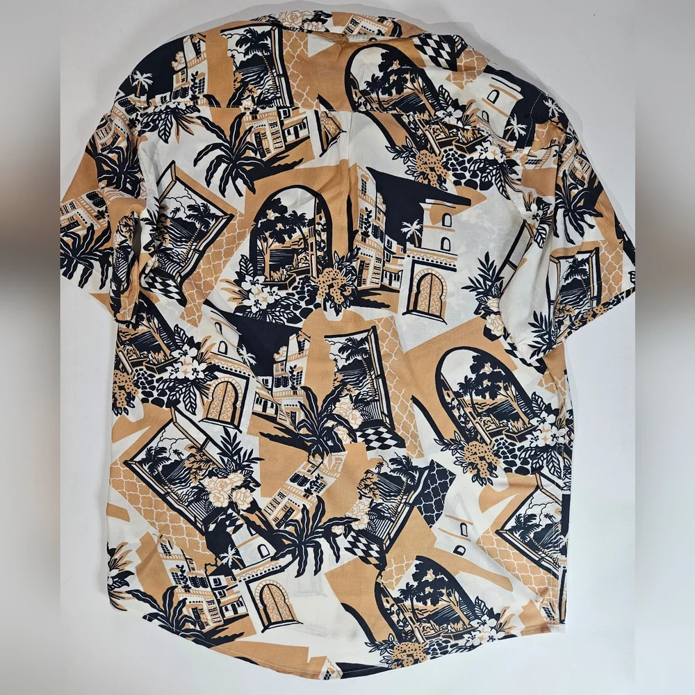 C&C California Mens Button Down Shirt XL Tan Navy Blue Hawaiian Tropical‎ Vaca